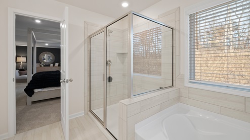 Primary bathroom with shower and separate bathtub.