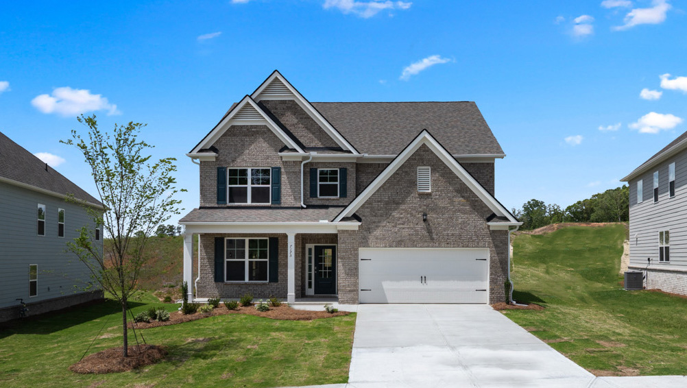 Front elevation of the Bellview Plan by D.R. Horton in Butner Estates South Fulton, GA showcasing New Construction Home with modern curb appeal