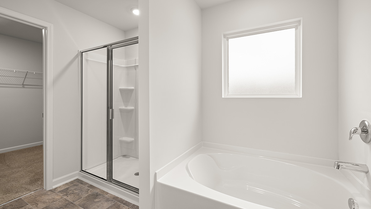 Interior primary bathroom with closet, shower and bath tub