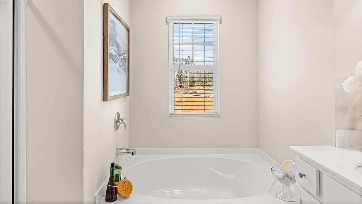 Interior primary bathroom with bath tub and sink