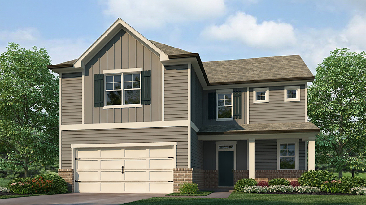 Exterior two-story home with cladding and stone detailing