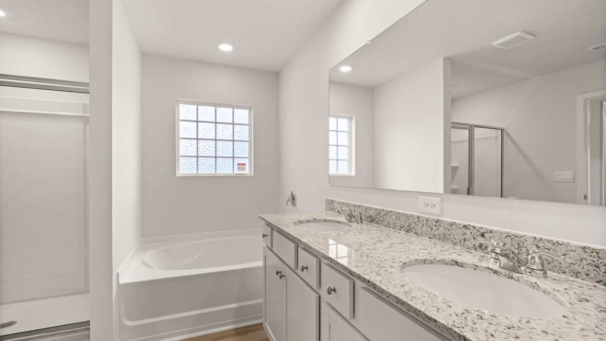 Interior bathroom with double sink, shower and bath tub