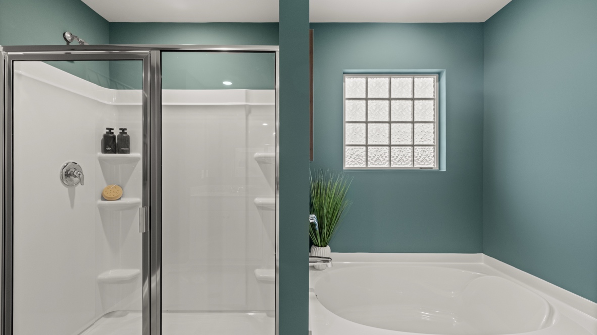 Interior primary bathroom with shower and bath tub