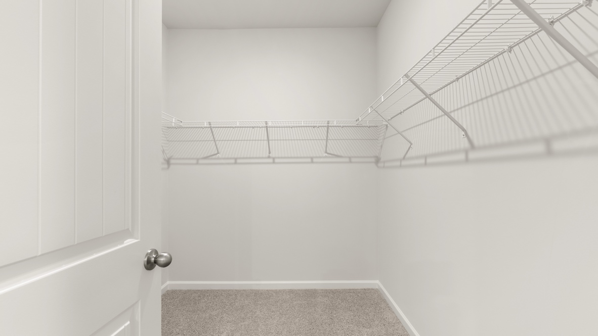 Walk-in closet with carpet flooring, white walls, and wire shelving.