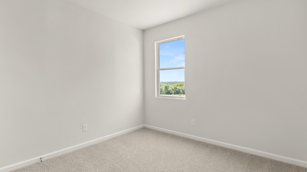 Bedroom with carpet flooring and single window overlooking trees.