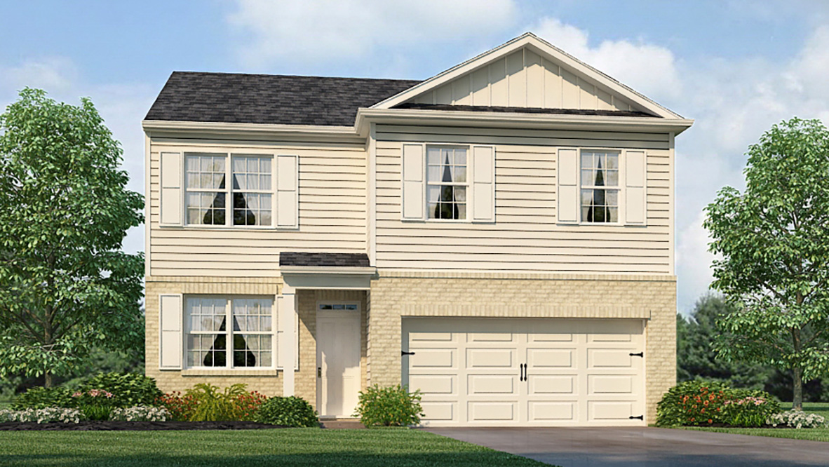 Exterior two-story home with stone detailing