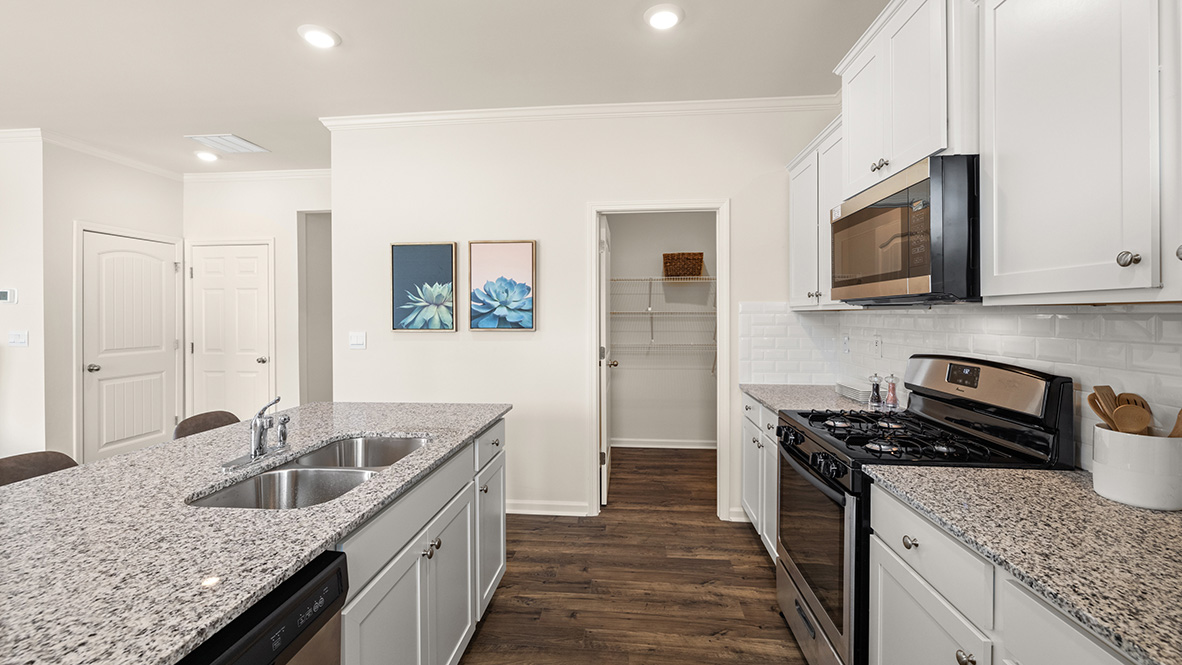 An open-concept kitchen with an island sink, white cabinets, stainless steel appliances, and a view of the pantry and entry hall.