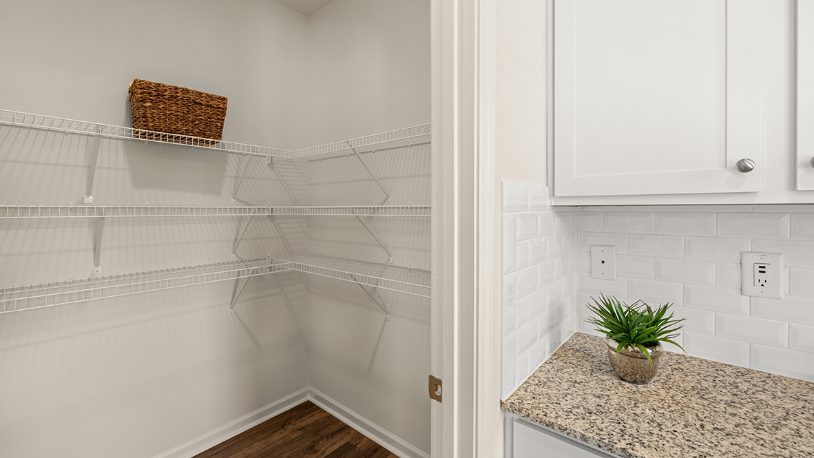 Kitchen pantry in this New Build Home includes floor-to-ceiling shelving and convenient access to cooking and prep areas