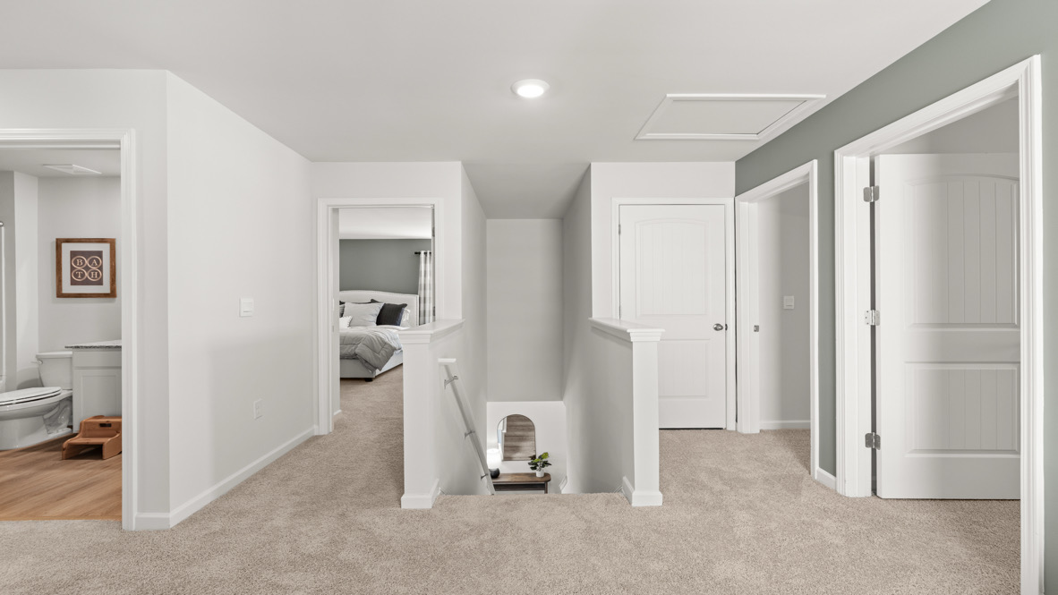 Loft + Secondary Bedroom New Home upstairs layout includes loft and secondary bedroom with open sightlines and easy access to shared bathroom