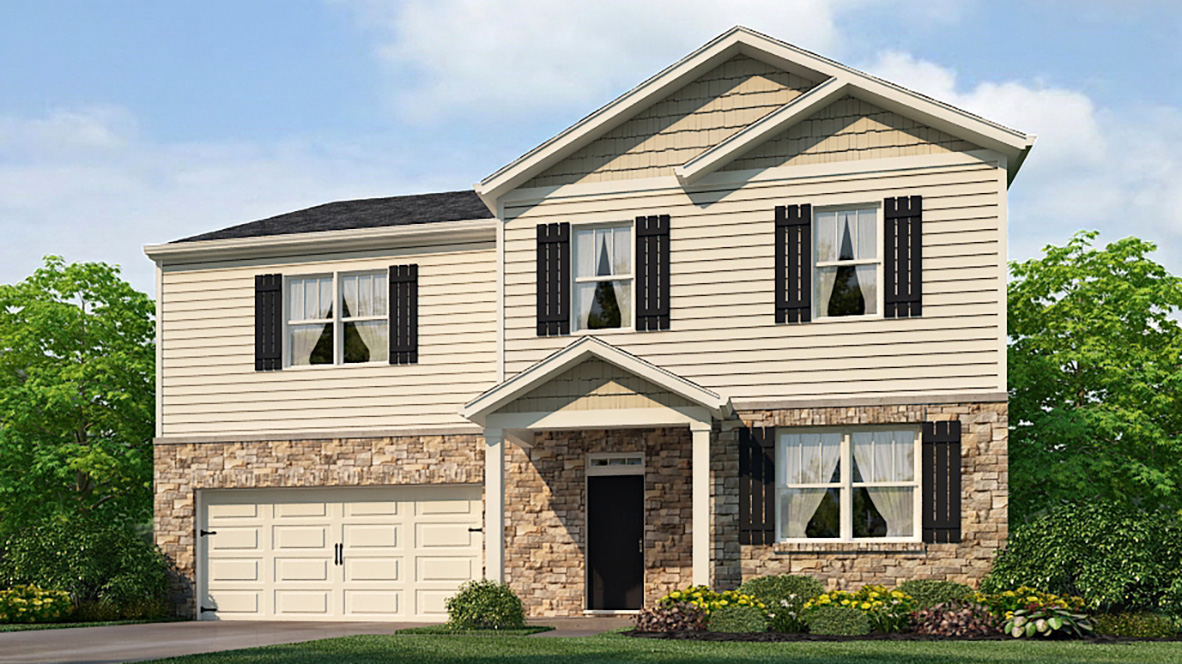 Exterior two-story home with stone detailing