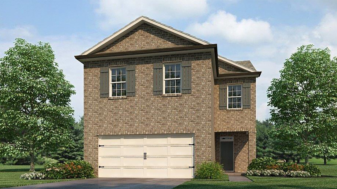 Two-story brick house with a double garage door, flanked by two large trees. Blue sky and clouds create a serene suburban atmosphere.