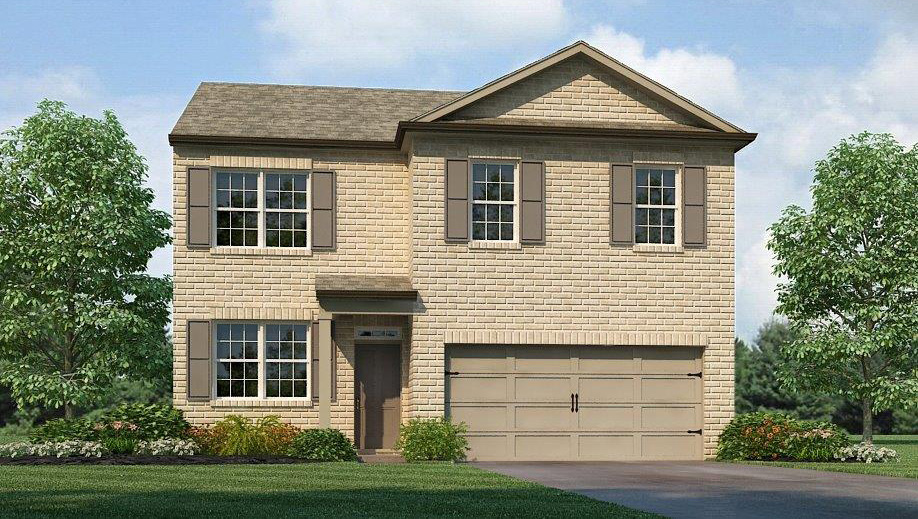 Exterior two-story home with stone detailing