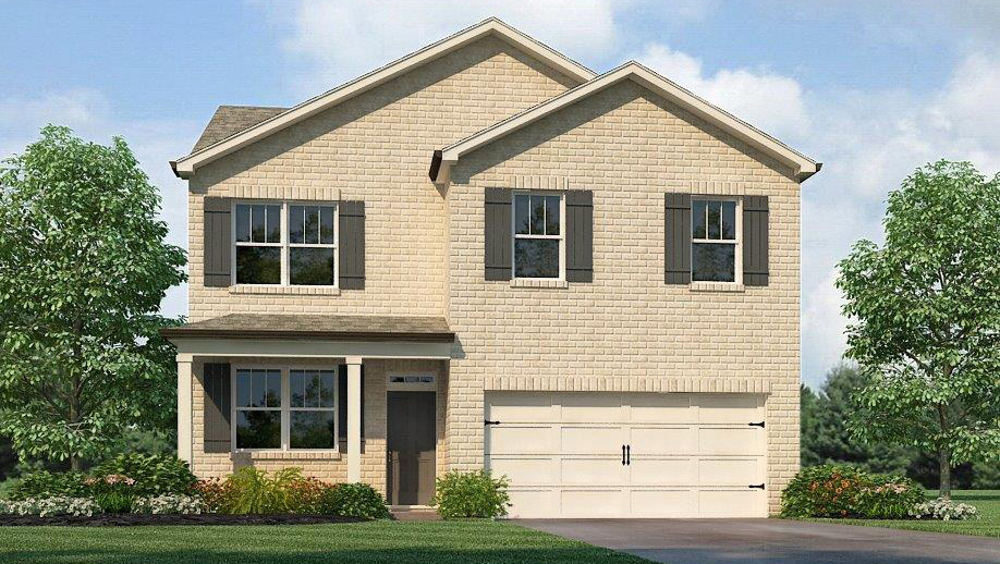 Exterior two-story home with stone detailing