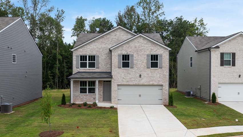 Front exterior of the Belhaven floorplan at Pointe Park in Union City, GA