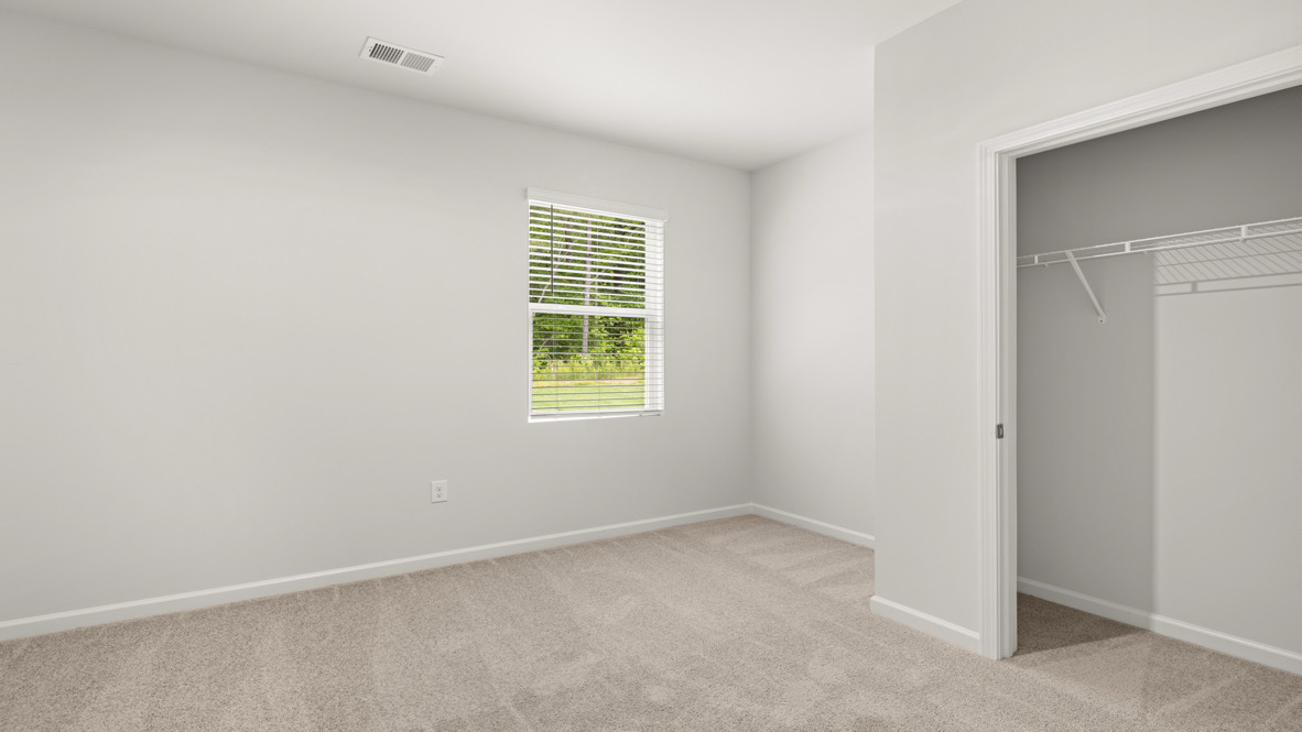 Empty room with beige carpet, white walls, and a single window with blinds showing greenery outside. An open closet with a white wire shelf on the right.
