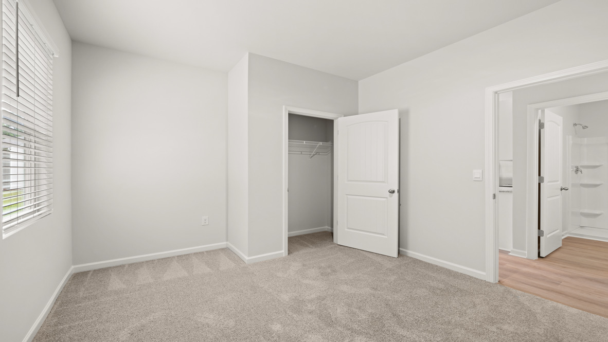 Empty room with light grey walls, beige carpet, and an open closet door. A window with blinds on the left overlooks greenery. The room feels bright and clean.