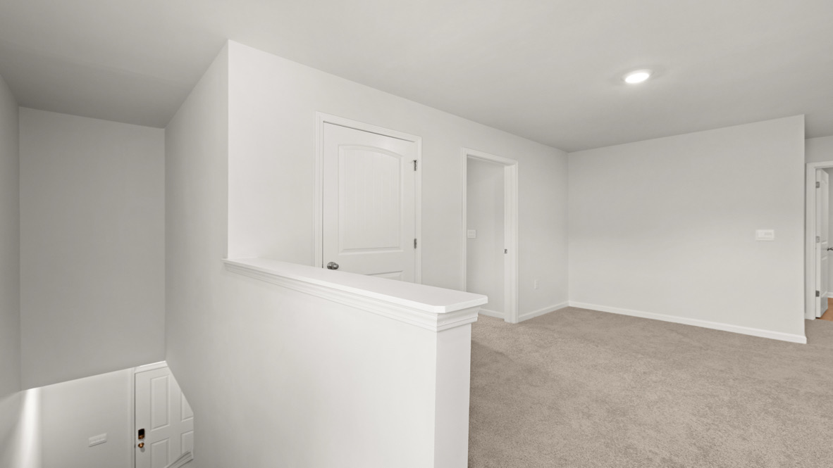Minimalist interior hallway with white walls and carpeted flooring. Features two closed doors and stairs leading down, conveying a clean, neutral tone.