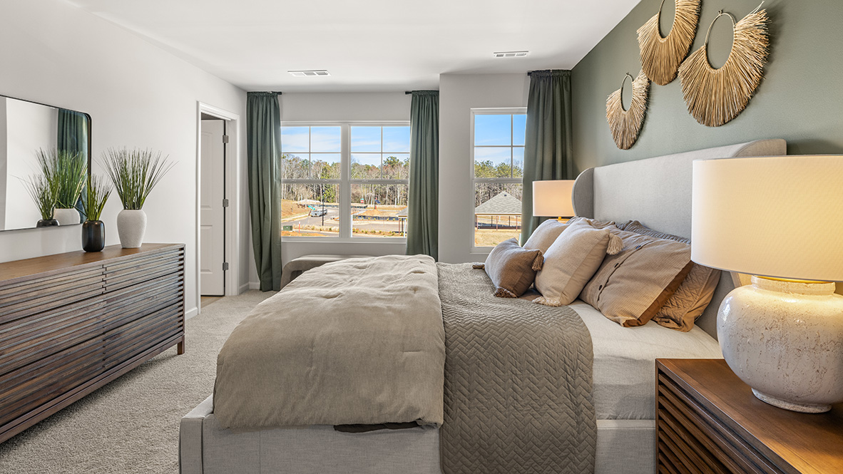 Interior bedroom with large windows