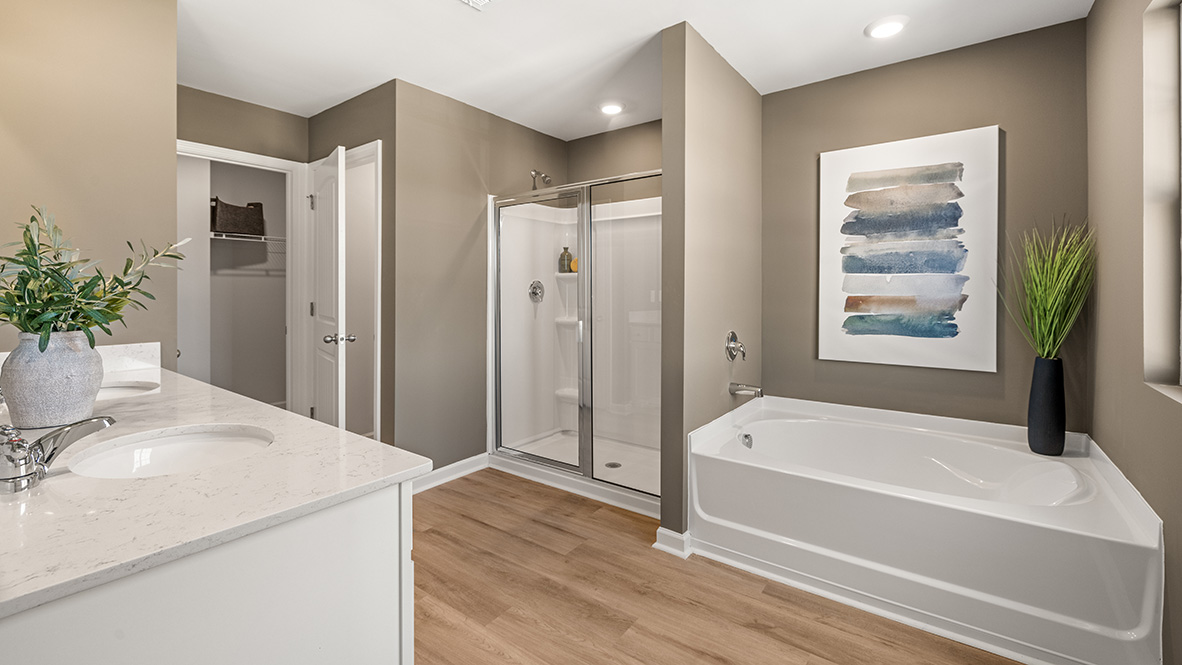 Interior bathroom with sink, shower and bath tub