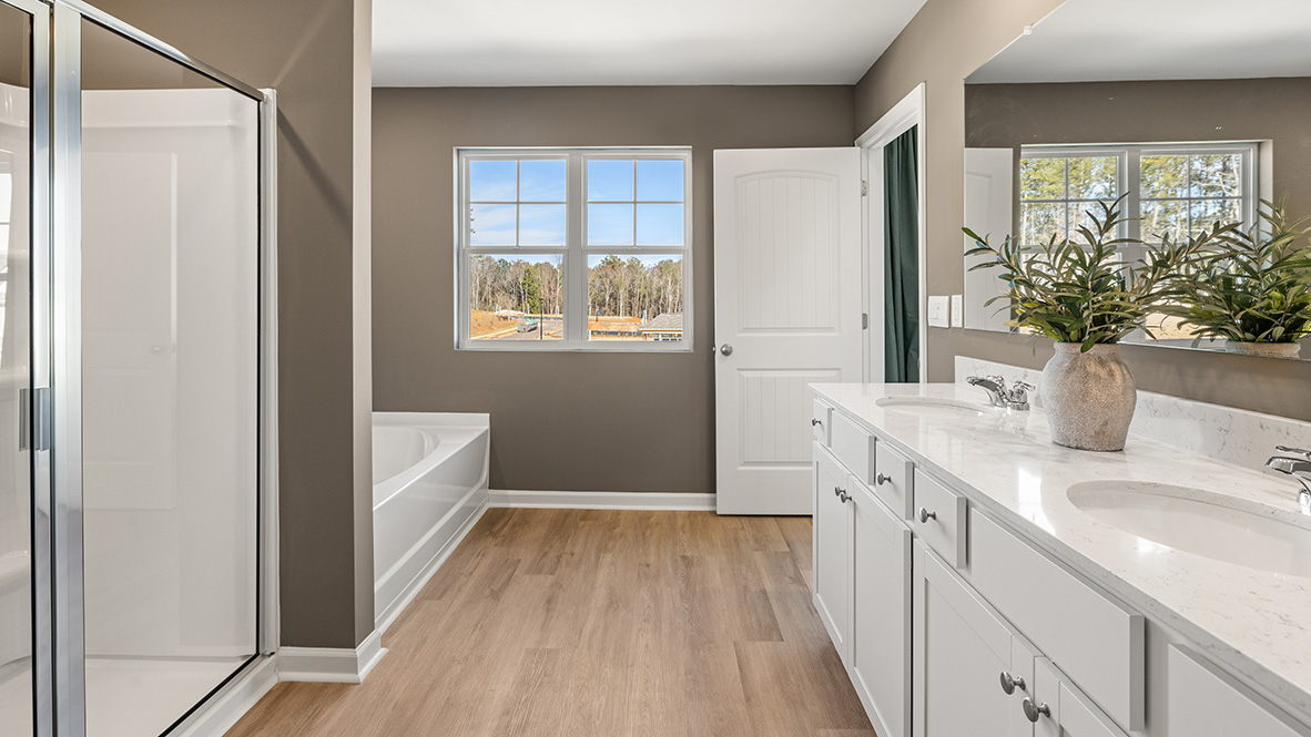 Interior bathroom with double sink and shower