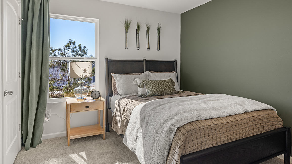 Interior bedroom with window and accent wall