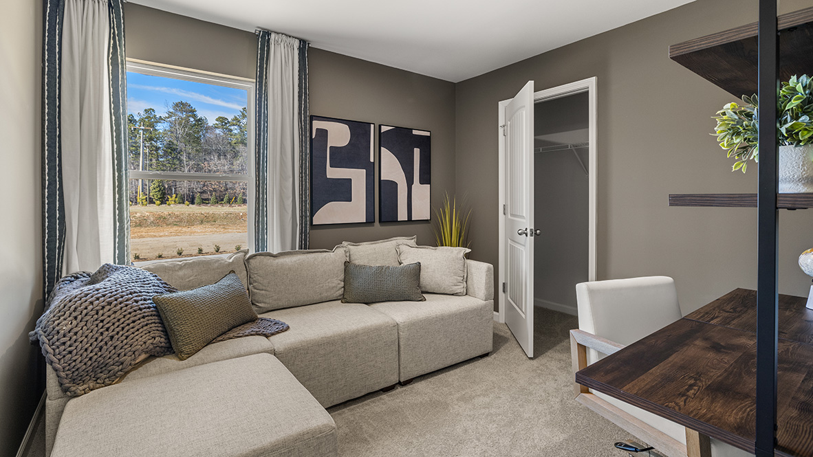 Interior office with large window and accent walls