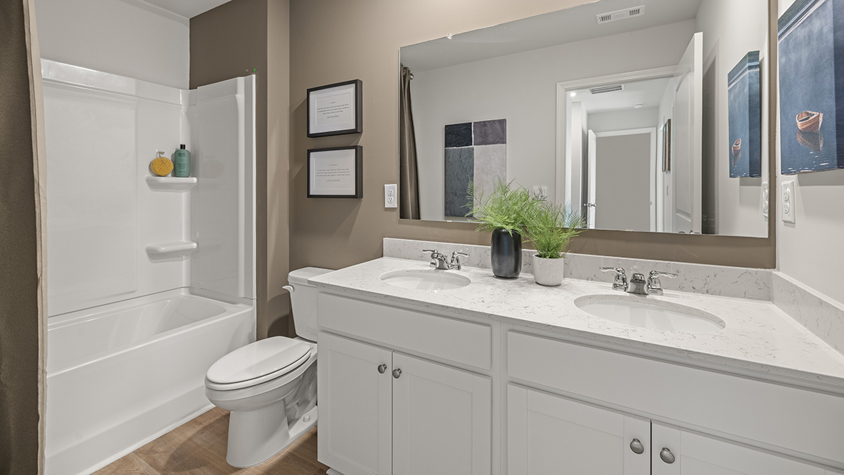 Interior bathroom with double sink and full-sized shower
