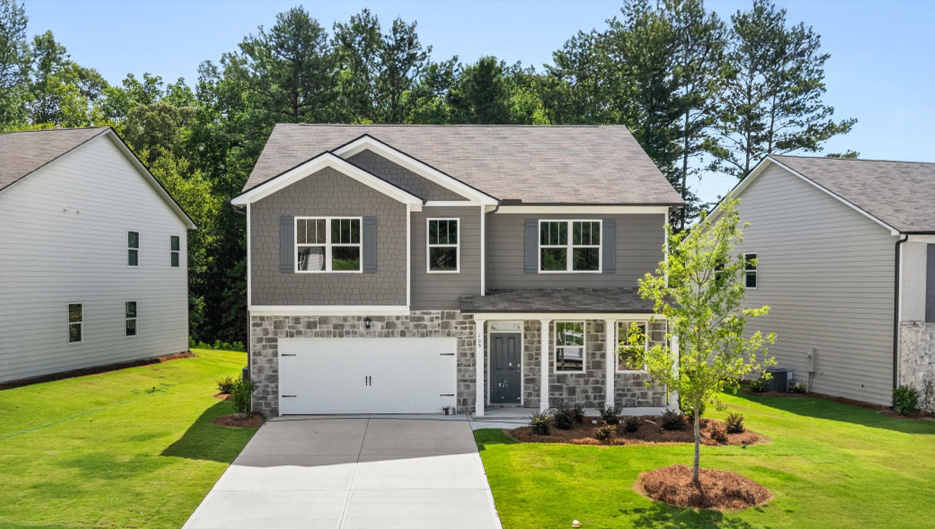 Front exterior of the Hanover floorplan at Northwoods at Mirror Lake in Villa Rica, GA
