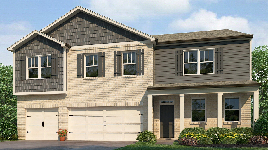 front exterior of a two story home with a two car garage