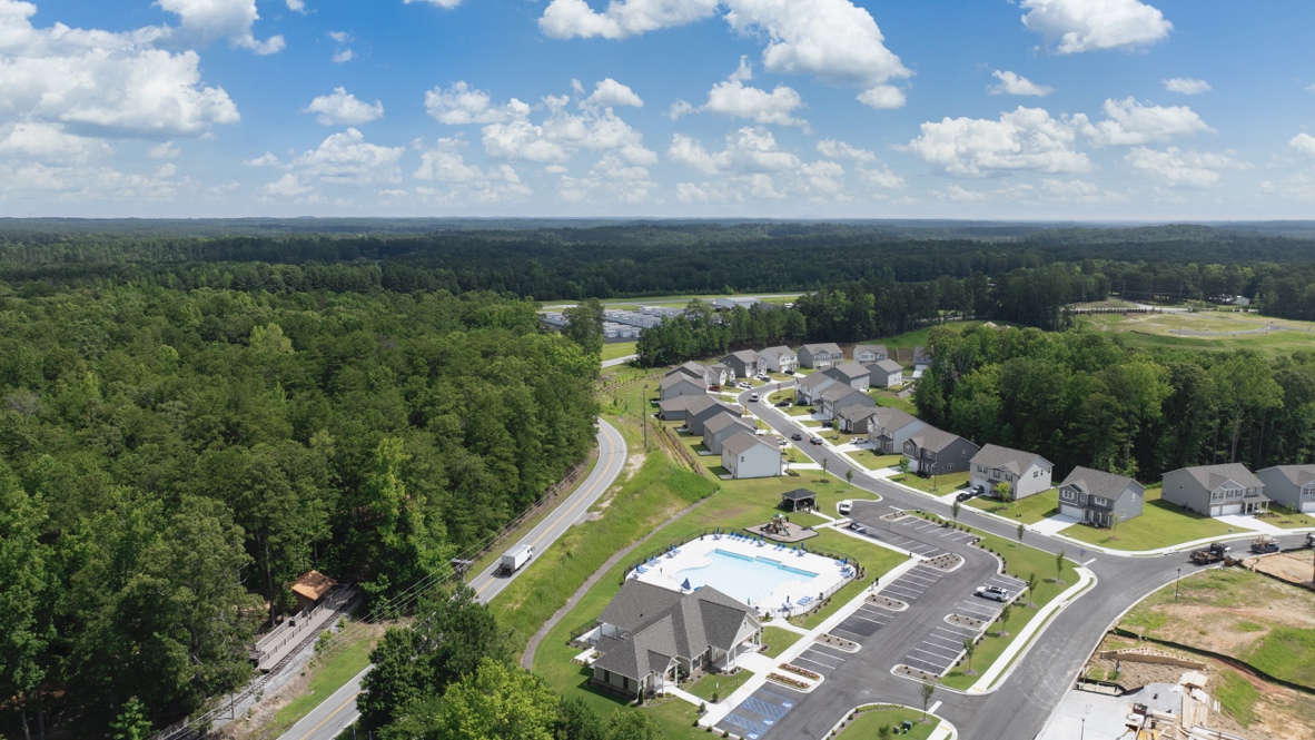 Aerial view Wide-angle brand new Northwoods at Mirror Lake Community