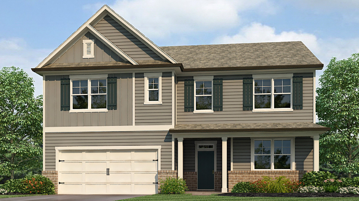 Exterior two-story home with stone detailing