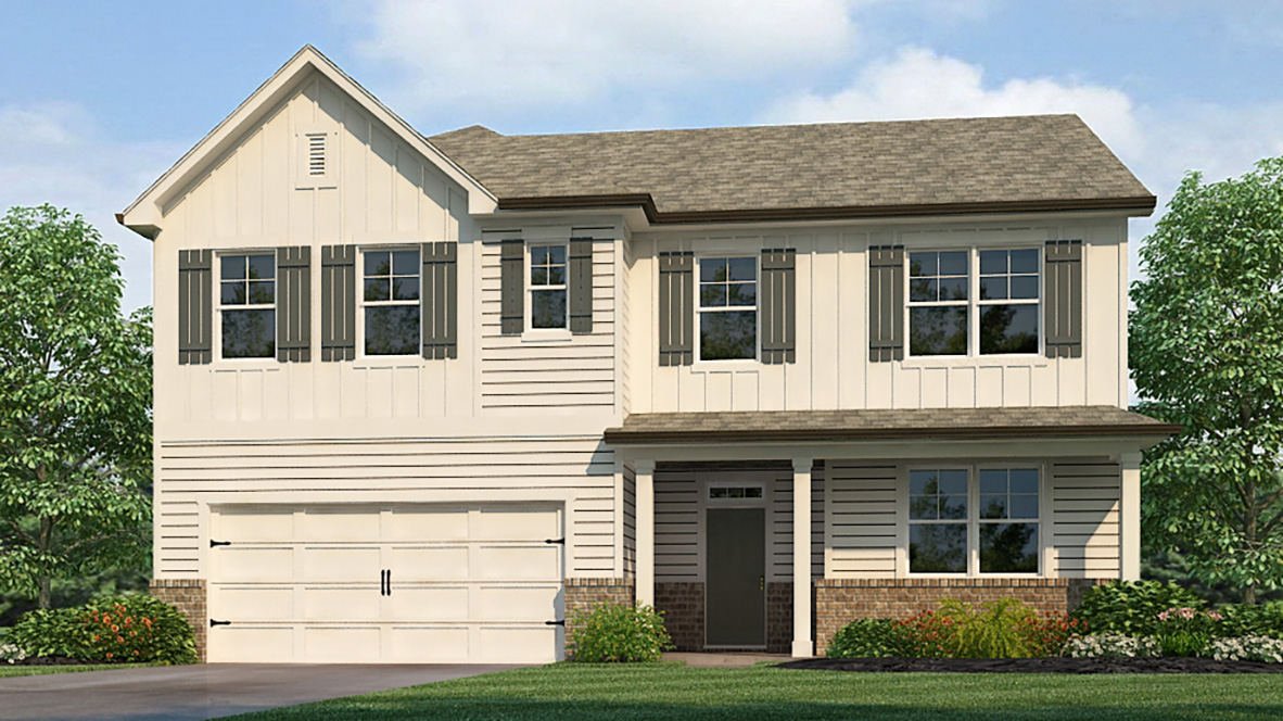 Exterior two-story home with stone detailing