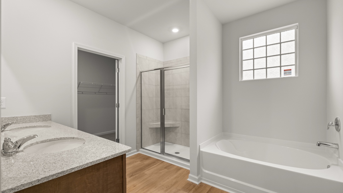 Interior bathroom with shower, bath tub and double sink