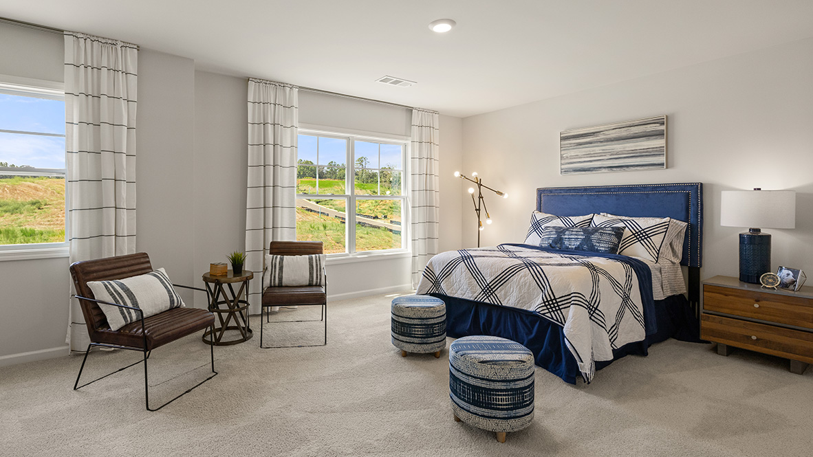Interior bedroom with large windows