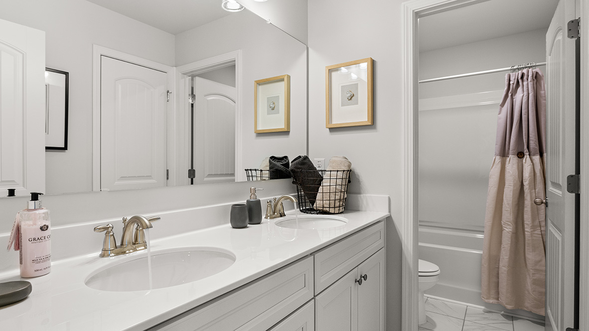 Interior bathroom with double sink and full-sized shower