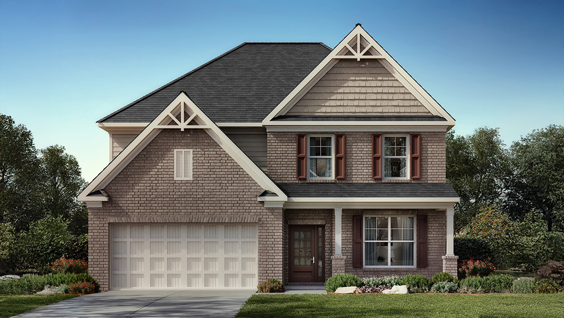 Exterior two-story home with stone detailing