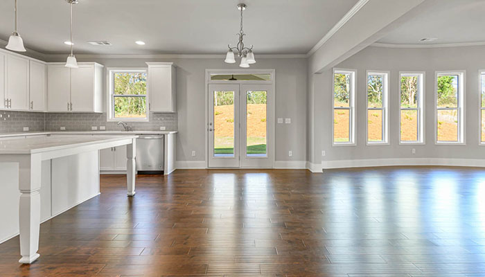 Interior living area open to kitchen with center island