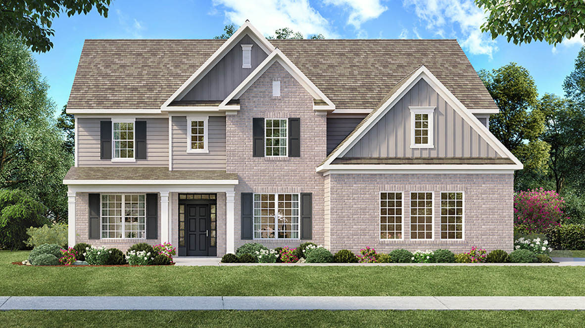 Exterior two-story home with stone detailing