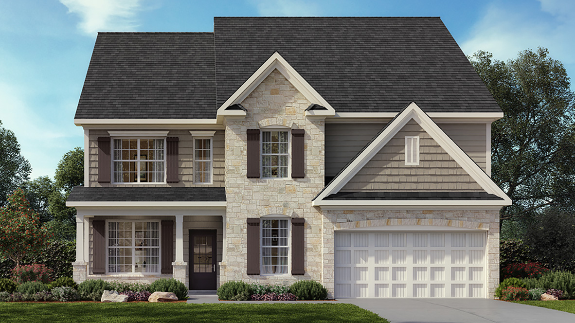 Exterior two-story home with stone detailing