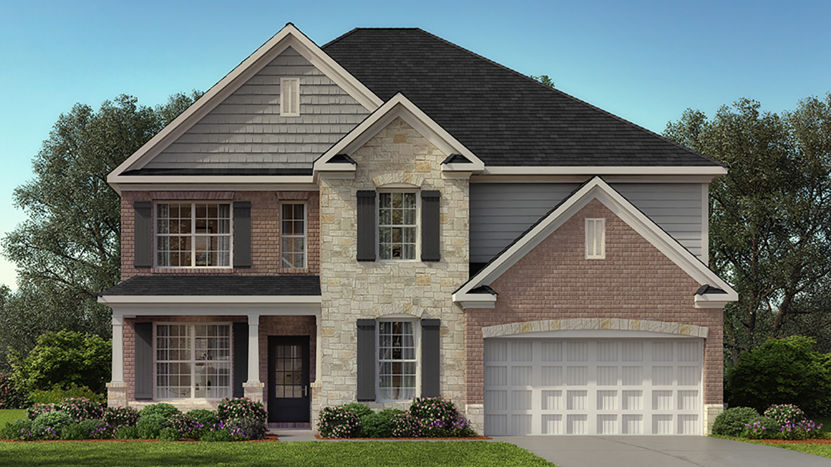 Exterior two-story home with stone detailing