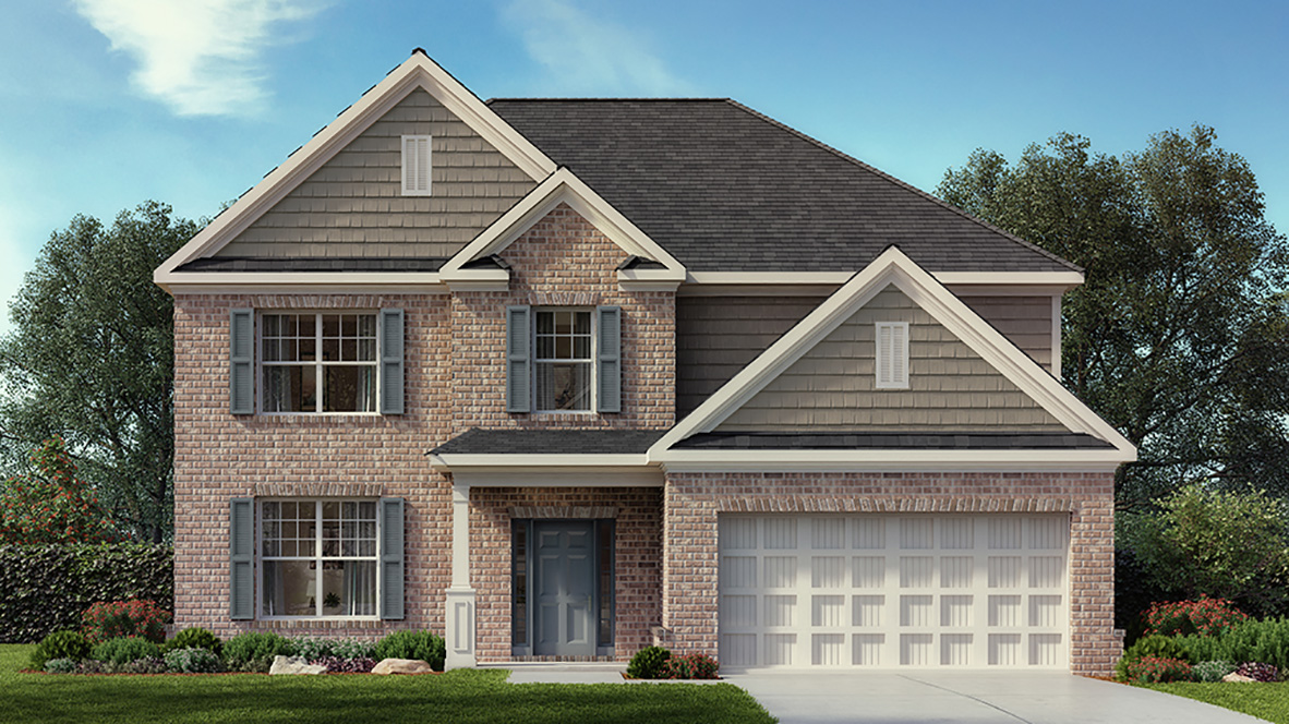 Exterior two-story home with stone detailing