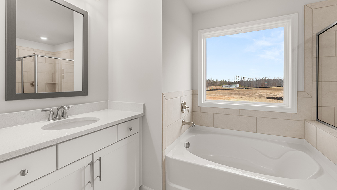 Bright bathroom with a white vanity, silver faucet, and large mirror. Sunlit bathtub beside a window showing a clear blue sky over an open field.