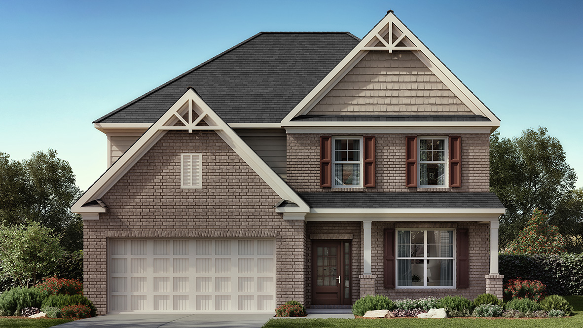 A two-story house with brick facade and dark gray roof, featuring a large garage. Surrounded by bushes and trees under a clear blue sky.