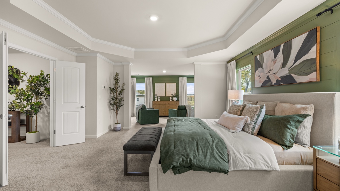 Interior primary bedroom with accent wall and windows