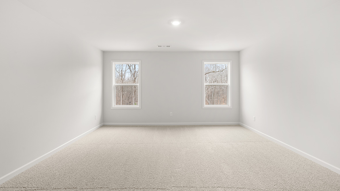 A minimalistic, empty room with light gray walls and plush beige carpet. Two windows overlook bare trees, filling the space with natural light and a serene vibe.