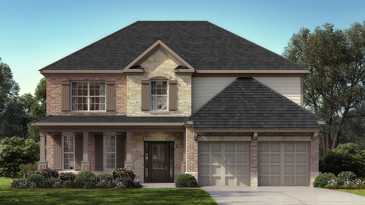 Two-story suburban house with a dark roof, brick and stone facade, two-car garage, and manicured lawn. Trees in the background under a clear blue sky.