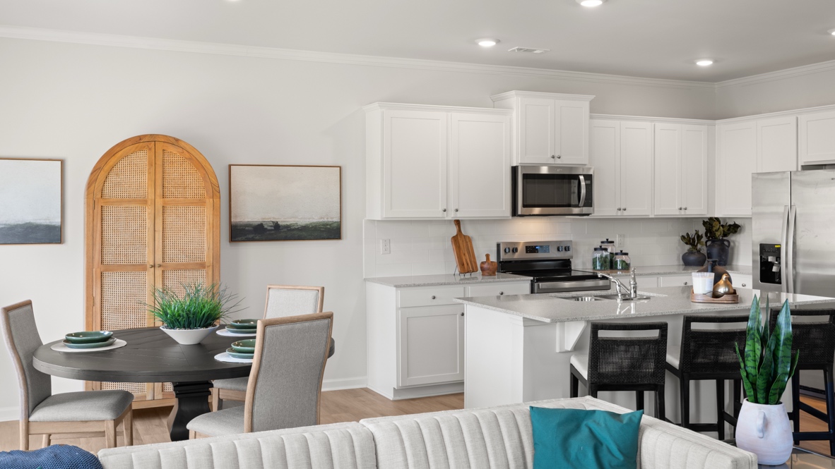 Interior living area open to kitchen with center island