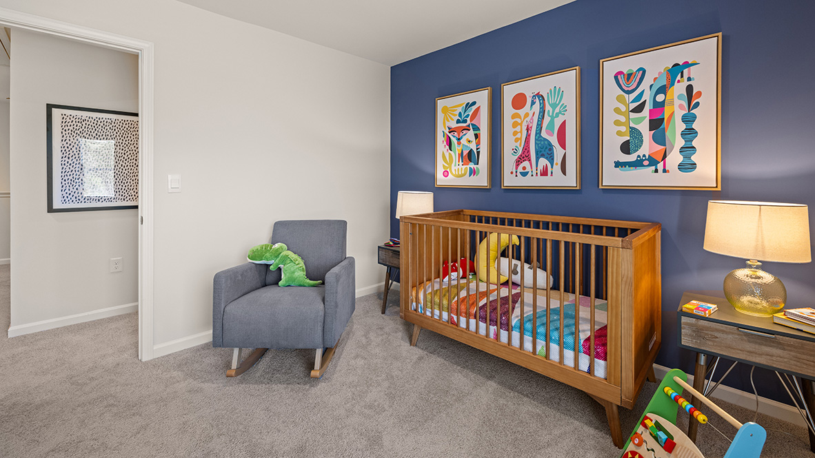 Interior bedroom with accent wall and window