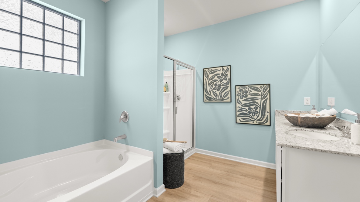 Interior primary bathroom with bath tub and shower