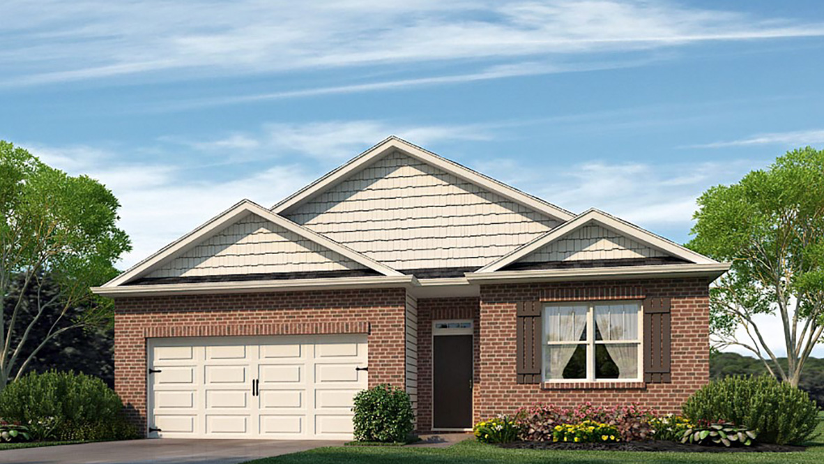 Exterior red brick home with brown shutters